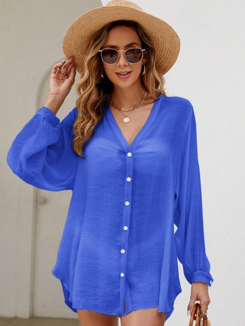 SHEIN Royal Blue Button-Front V-Neck Swim Coverup